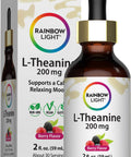 Rainbow Light L-Theanine 200 mg Liquid, Berry Flavor, 2 fl. oz. (59 mL), supports a calming and relaxing mood.