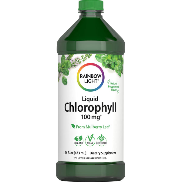 Liquid Chlorophyll with Natural Peppermint, 100 mg, 16 fl oz bottle. Features Non-GMO, Vegan, and Gluten-Free attributes.