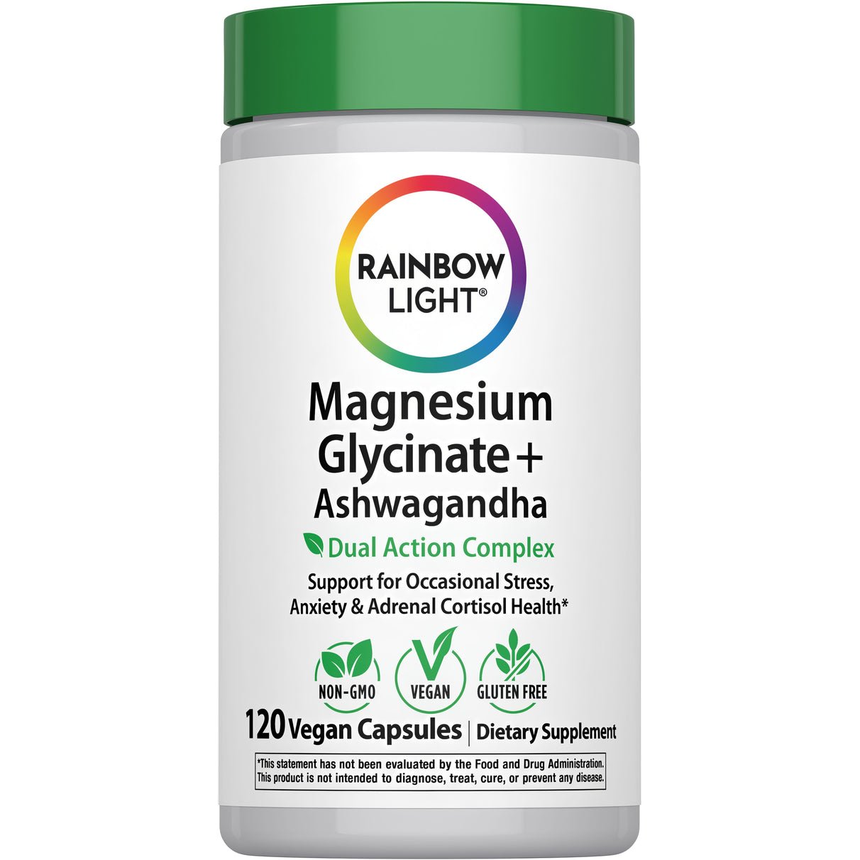 Rainbow Light Magnesium Glycinate with Ashwagandha, 120 vegan capsules for stress and relaxation.
