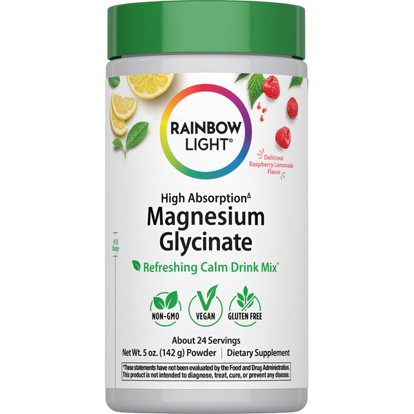 Rainbow Light Magnesium Glycinate Powder, Raspberry Lemonade Flavor, 5 oz, non-GMO, vegan, and gluten-free.