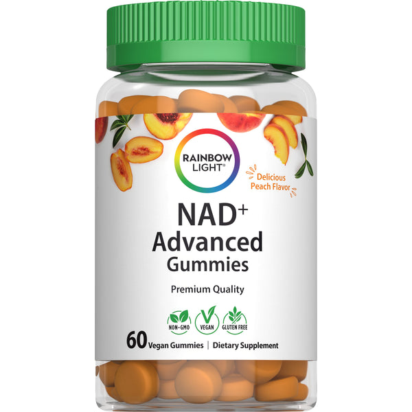 NAD+ Advanced Gummies: 60 vegan, peach-flavored gummies. Non-GMO, vegan, gluten-free dietary supplement.
