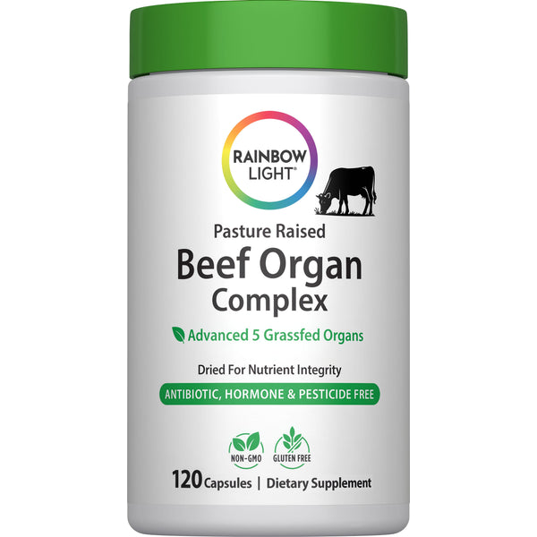 Rainbow Light Pasture Raised Beef Organ Complex includes 5 grassfed organs in 120 capsules.
