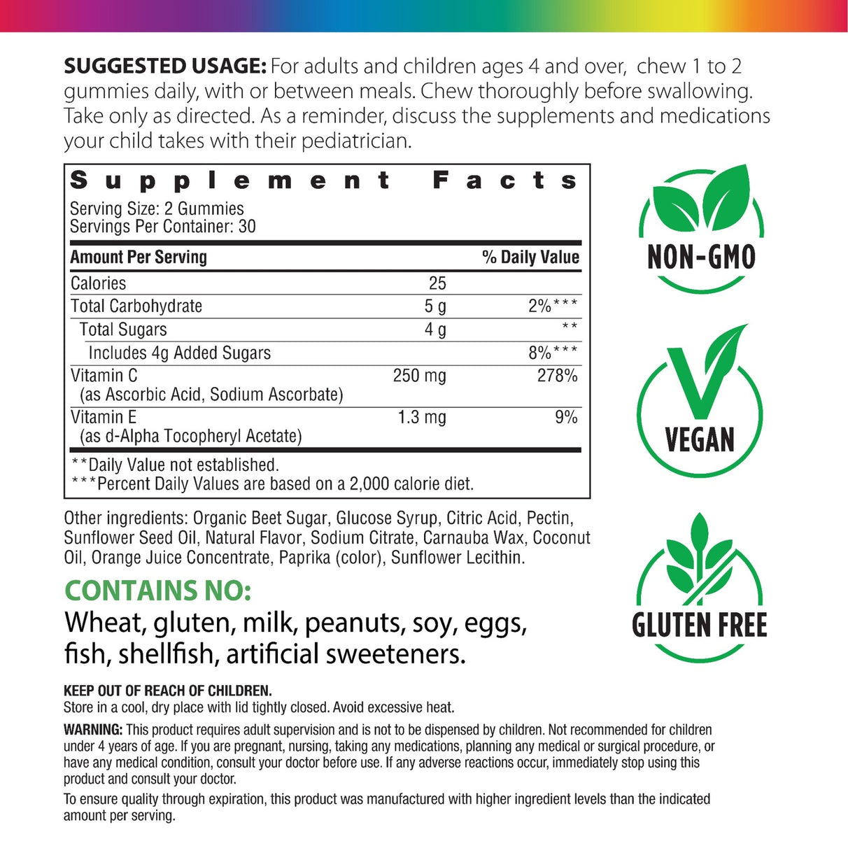 Supplement Facts panel displaying information for Vitamin C 60 Gummies.