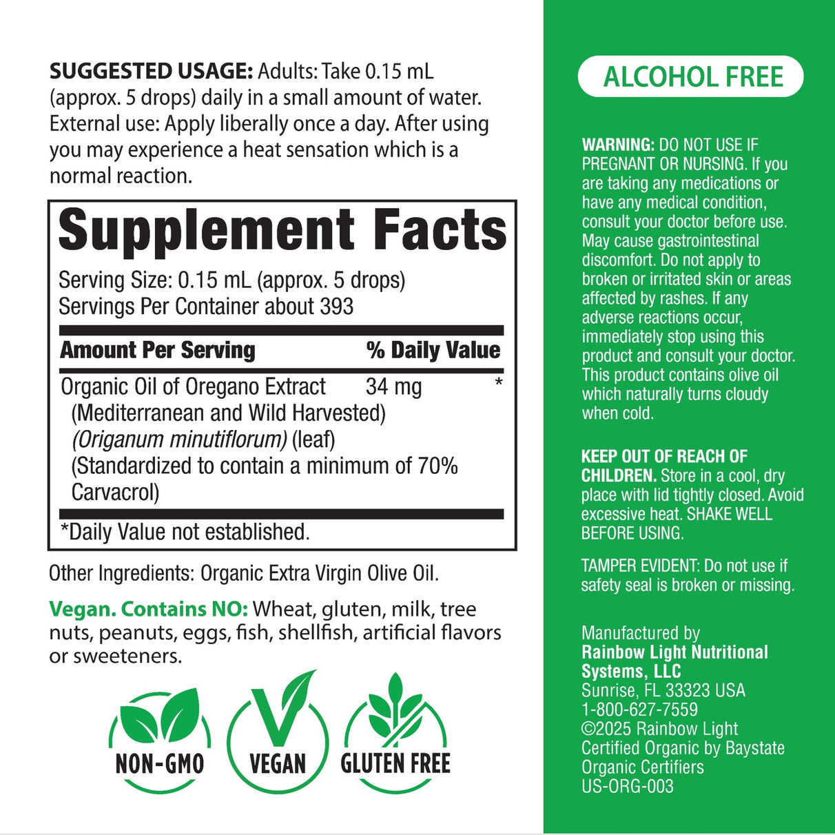 Oil of Oregano Organic 2 fl oz Supplement Facts panel displayed.