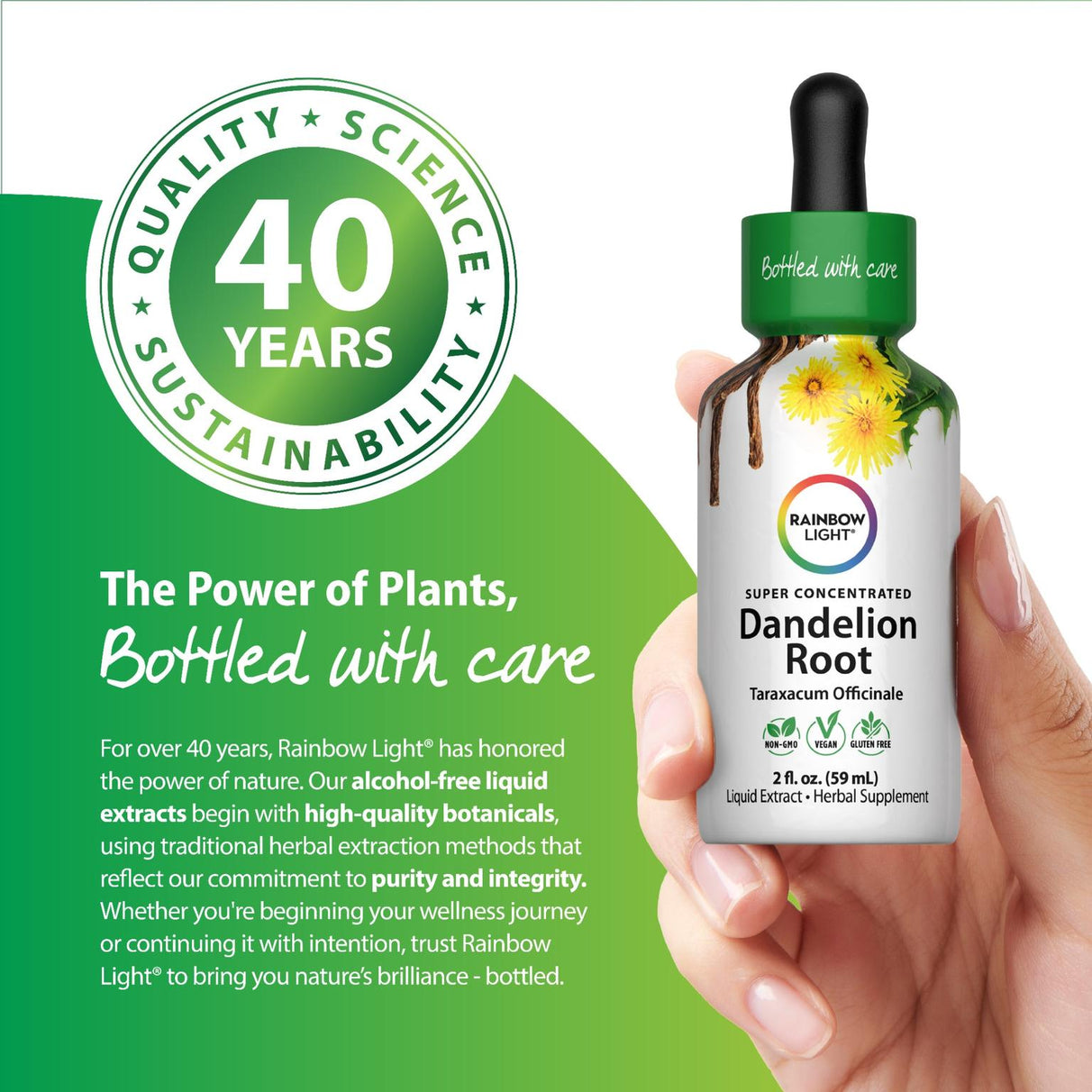 Dandelion Root Liquid Extract 2 fl. oz. (59 mL) bottle with 'Bottled with care' cap, NON-GMO, Vegan, Gluten Free badges.