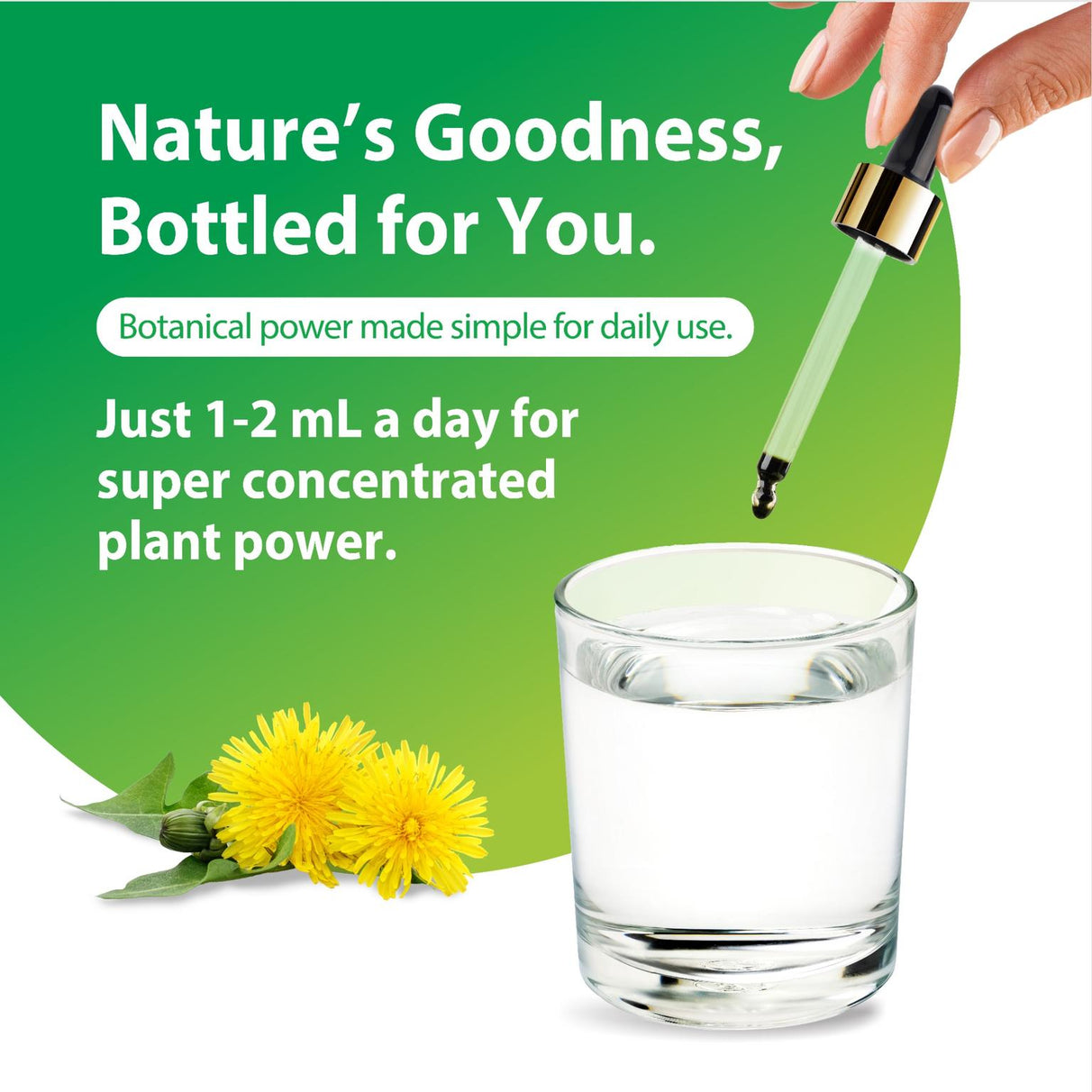 Product highlights graphic stating 'Nature's Goodness, Bottled.', 'Botanical power simple for daily use.', '1-2 mL a day super concentrated plant power.'
