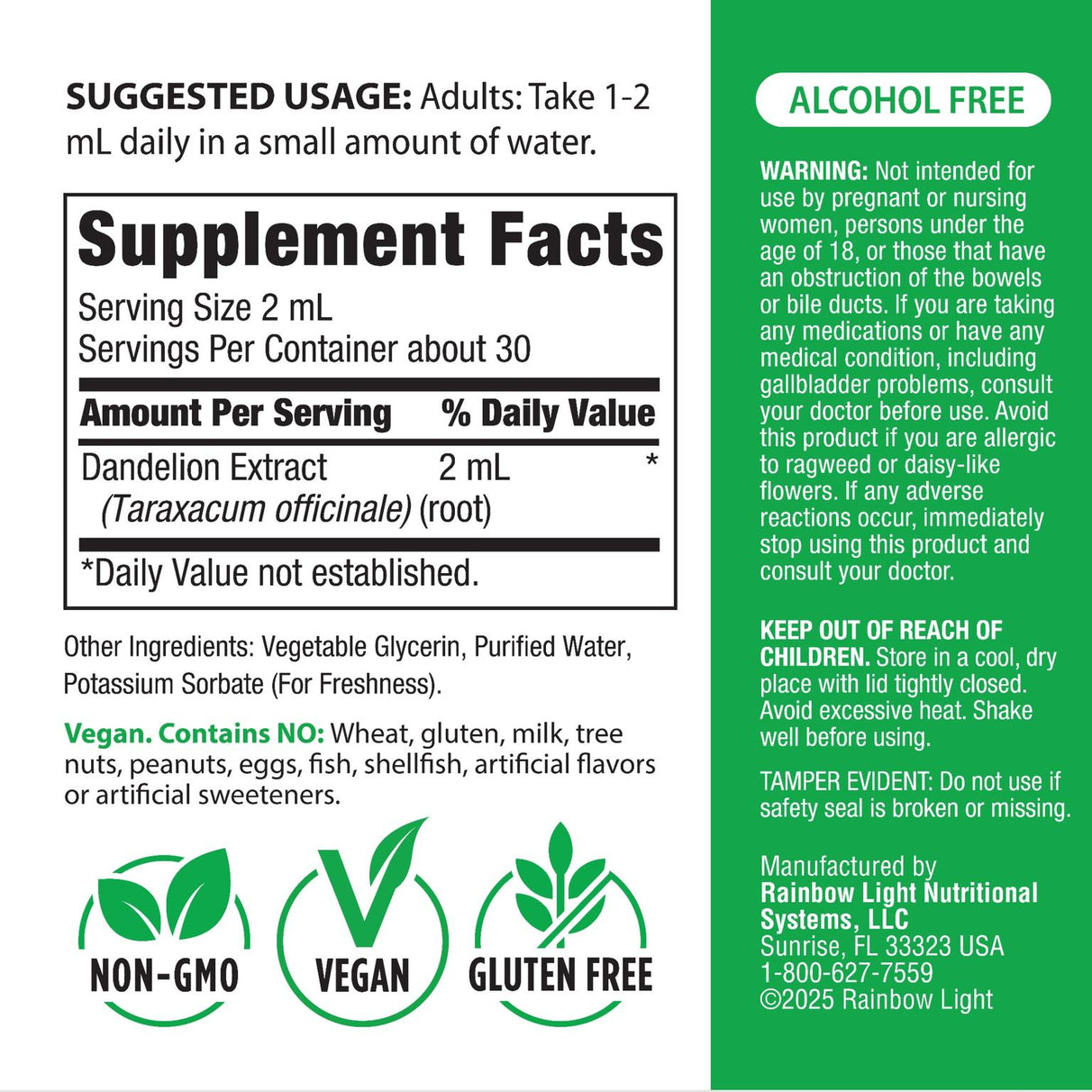 The Supplement Facts panel for Dandelion Root Liquid Extract 2 fl oz bottle.