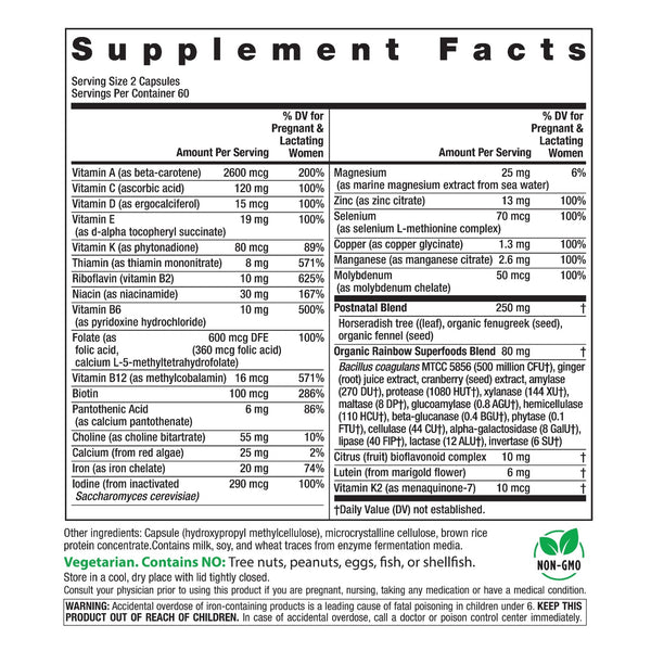 Postnatal Multivitamin Superfood Blend & Probiotics, 120 Vegetarian Capsules